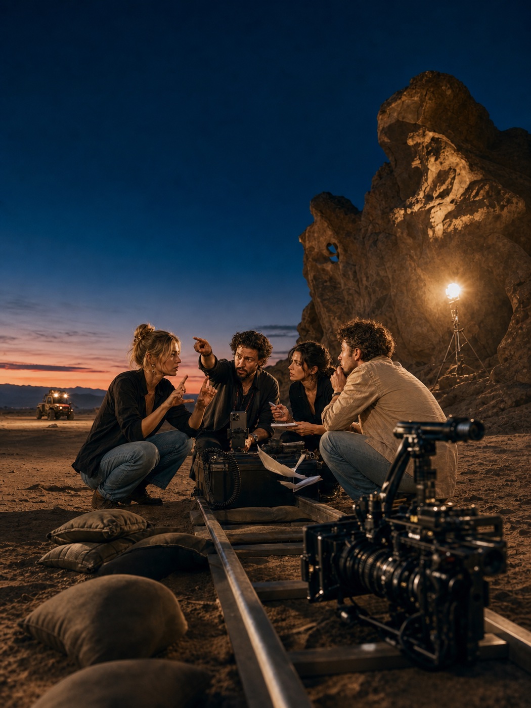 A film crew debriefing around an iPhone in the desert
