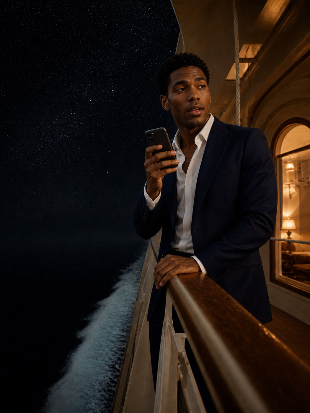 A man recording a thought aboard an ocean liner beneath the stars