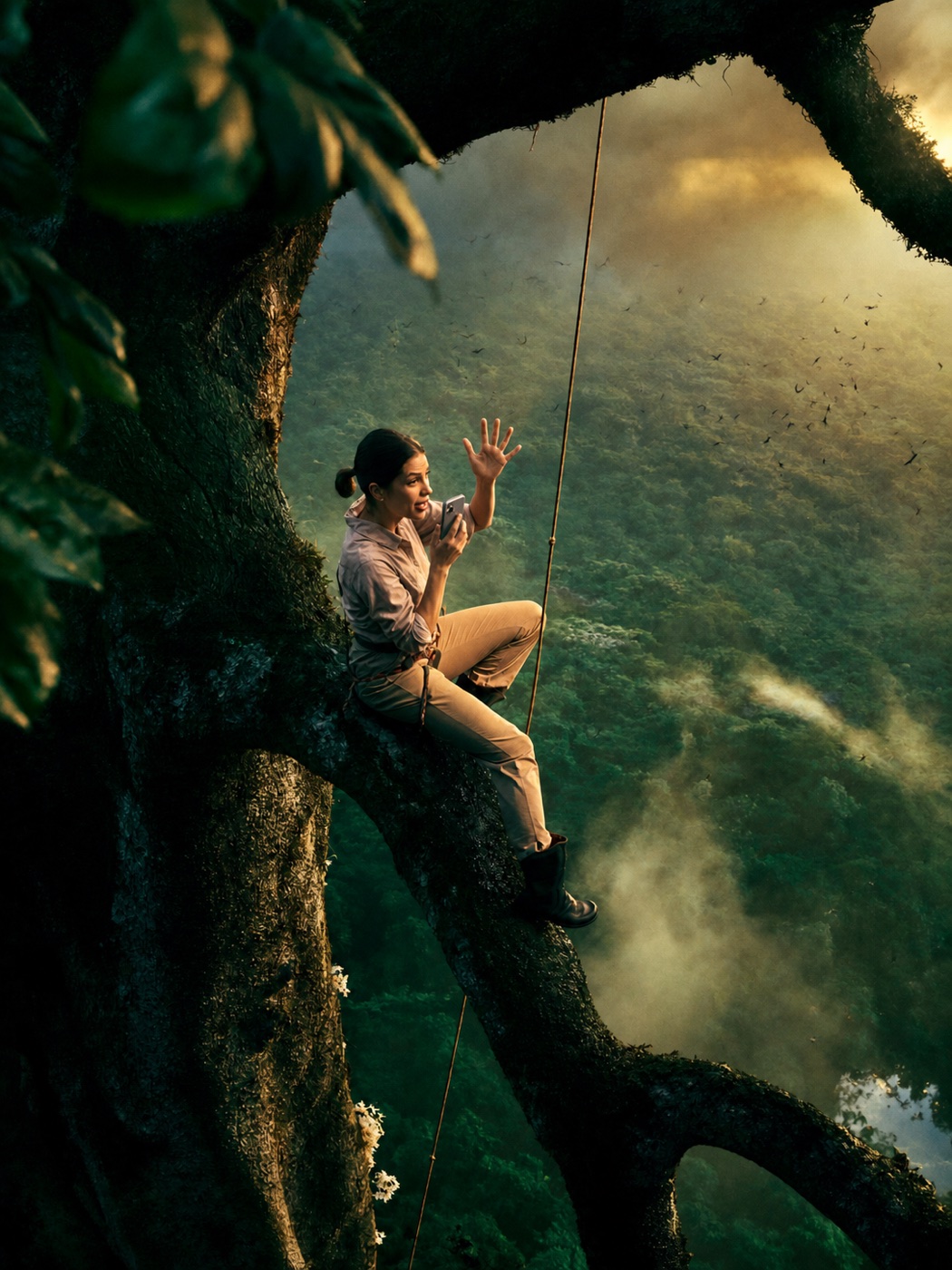 A woman recording an idea from high in a rainforest canopy