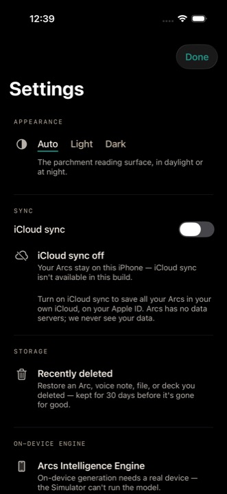 Arcs settings in dark mode